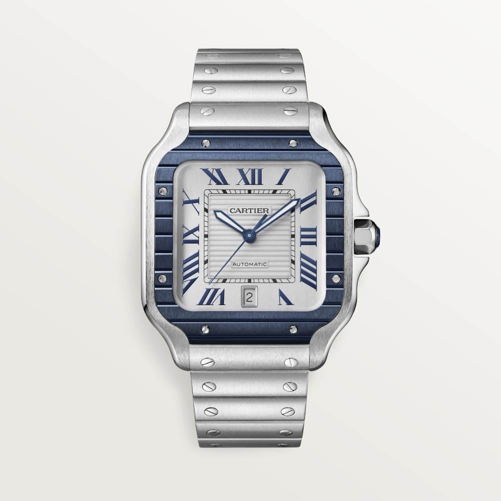 Santos De Cartier 40mm SS GF 1:1 Best Edition White Dial Blue Bezel on SS Bracelet MY9015