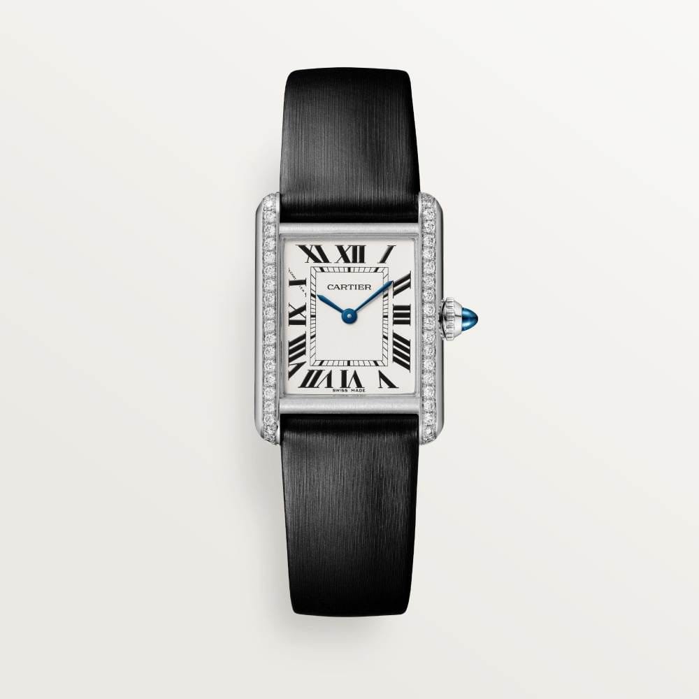 Cartier Tank Must Large K11F Diamonds Bezel 1:1 Best Edition White Dial on Black Smooth Leather Strap Ronda Quartz V3