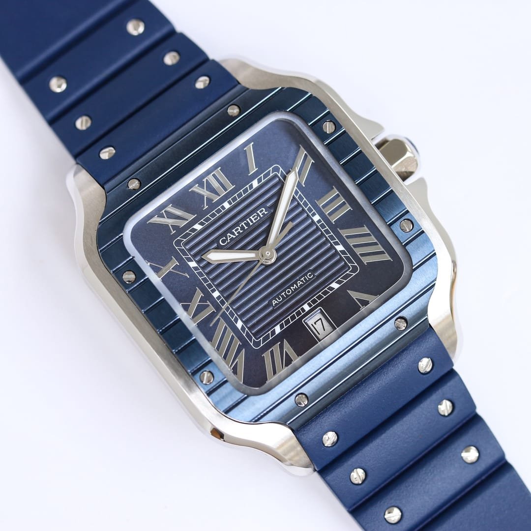 Santos De Cartier 40mm SS GF 1:1 Best Edition Blue Dial Blue Bezel on Rubber Strap MY9015 - Image 3